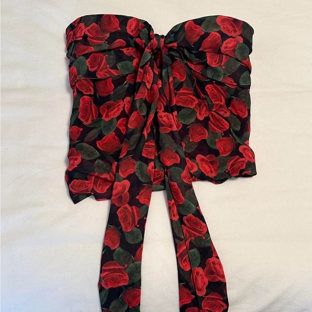 For Love And Lemons Abby Red Floral Strapless Top - Picture 4 of 6